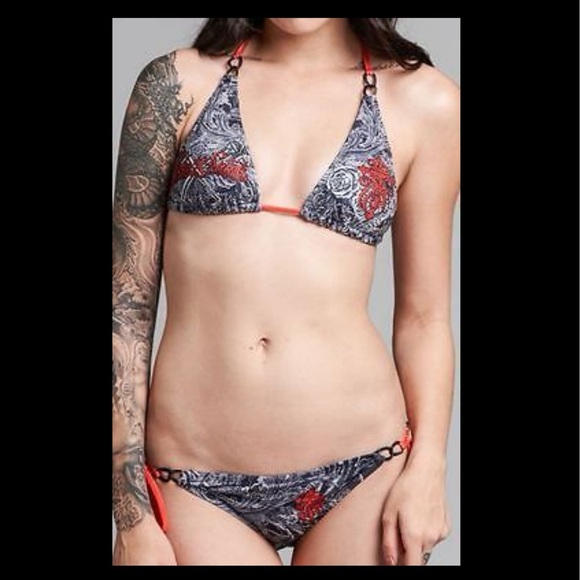 NWT Sexy Vintage Sinful Affliction Rebel Saints Tri-Top Tie Side Bling Bikini - Picture 1 of 12